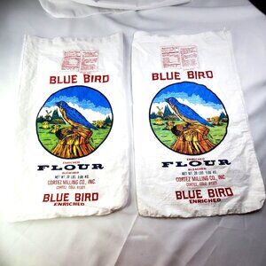 VTG Blue Bird Flour Sack Bags 2 Empty 20 Lb Cotton Bags With Colorful Logo